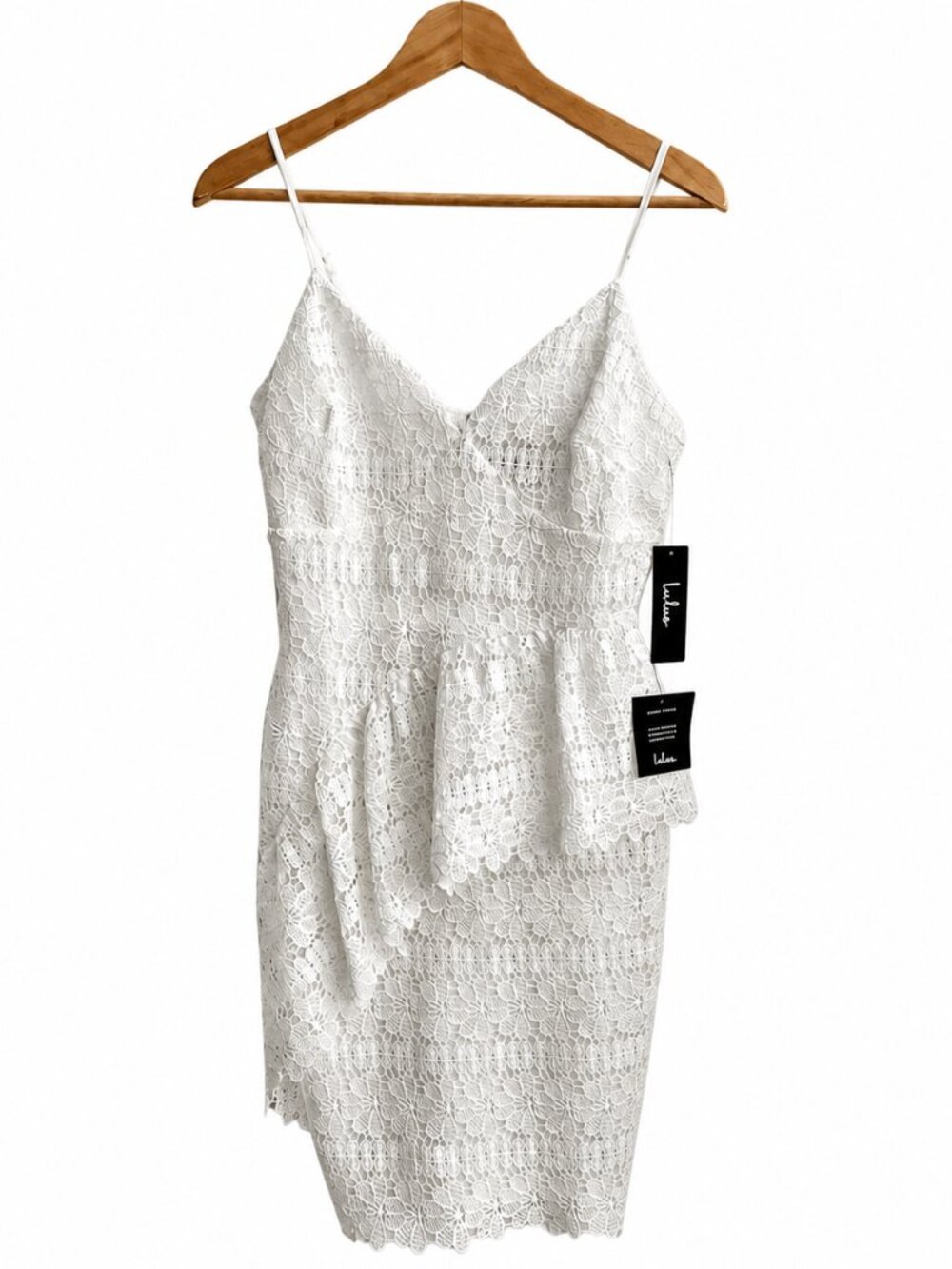 Lulus White Lace Peplum Cocktail Dress NWT Romantic Bridal Shower Mini Dress - Picture 2 of 6